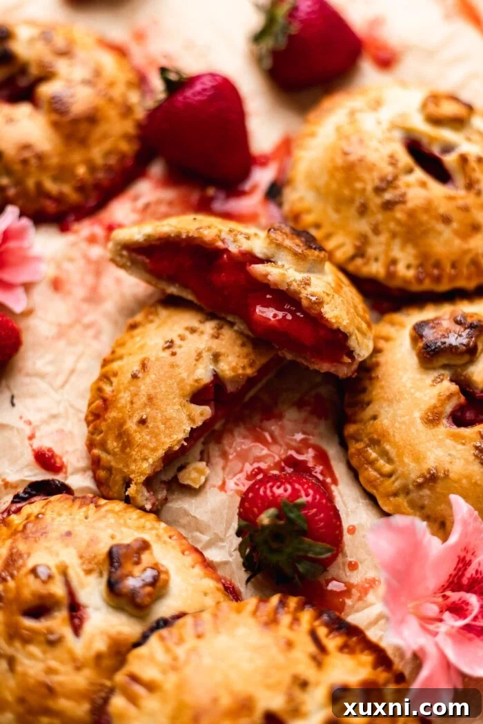 Cross-section of a vegan strawberry hand pie on parchment paper, revealing a luscious, jammy strawberry filling within a golden, flaky crust.