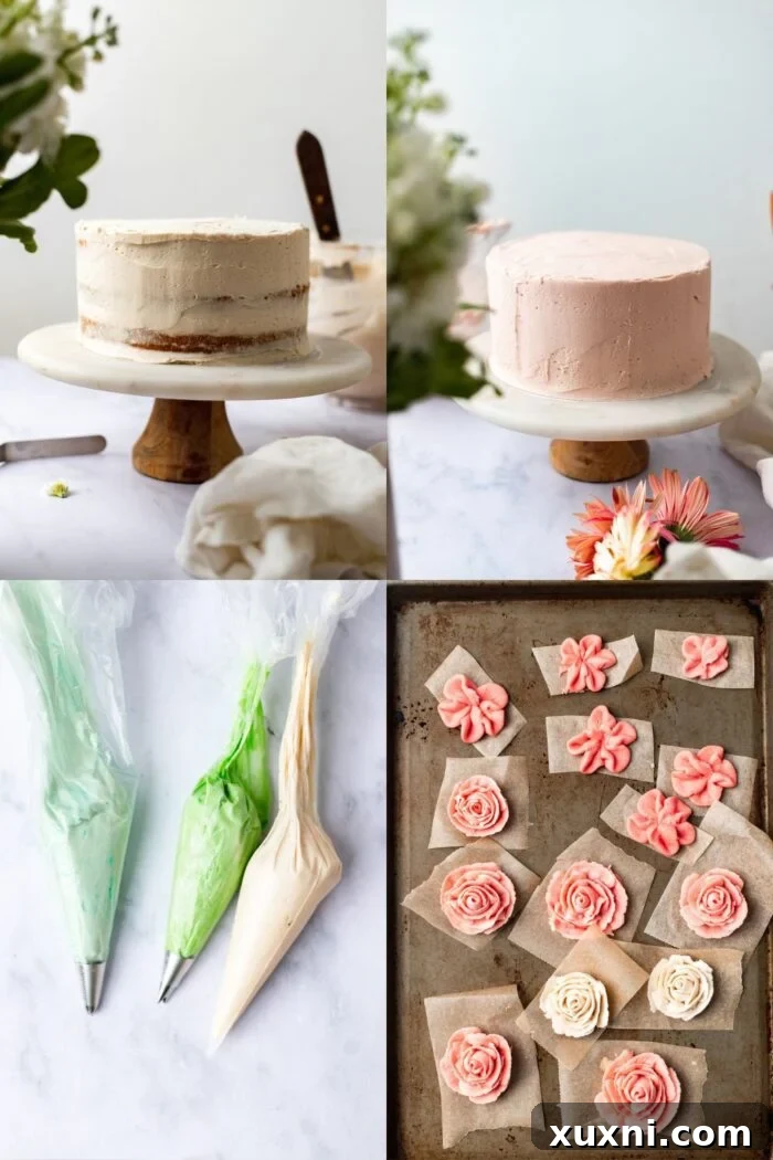 Easy Buttercream Blooms Cake 6 A step-by-step visual guide on how to assemble a buttercream flower cake, showing piping and placement