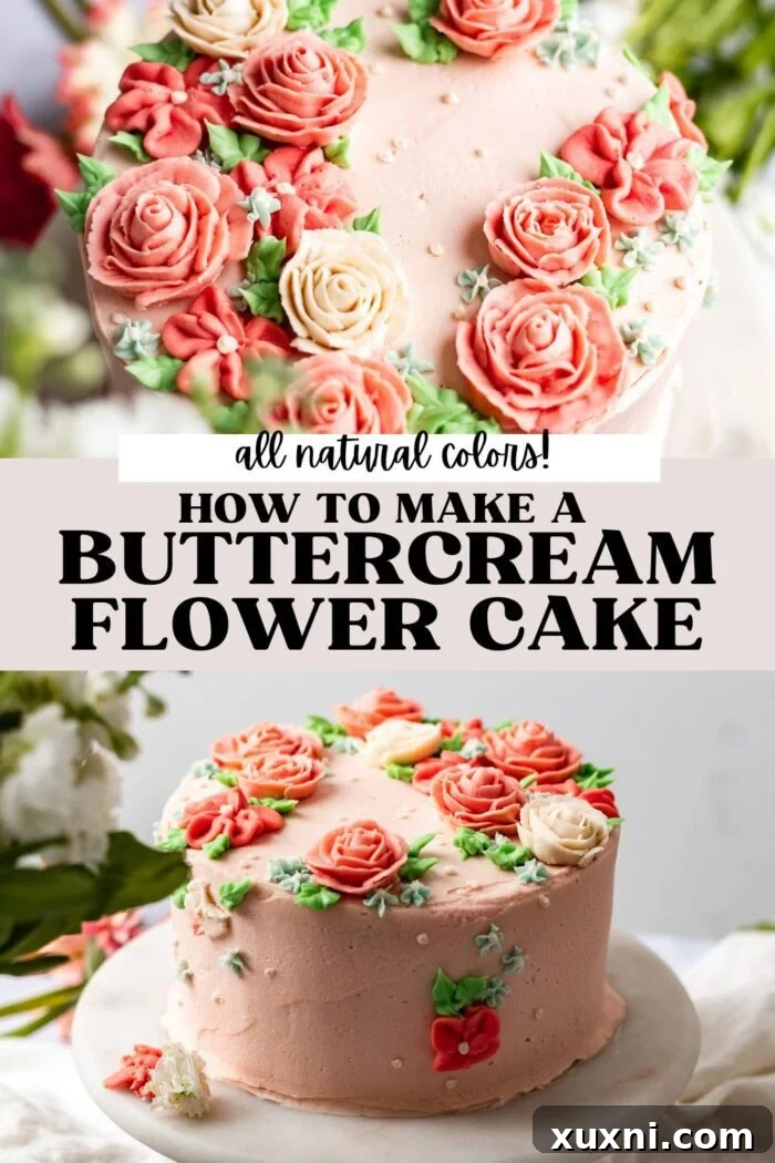 Easy Buttercream Blooms Cake 7 Pinterest pin image featuring a stunning buttercream flower cake, perfect for saving the recipe