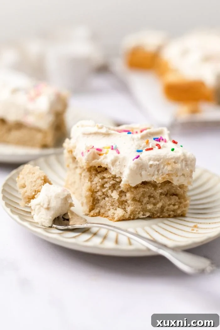 Easy & Delicious Vegan Vanilla Sheet Cake 2 slice of vanilla sheet cake on a plate, showcasing its moist texture