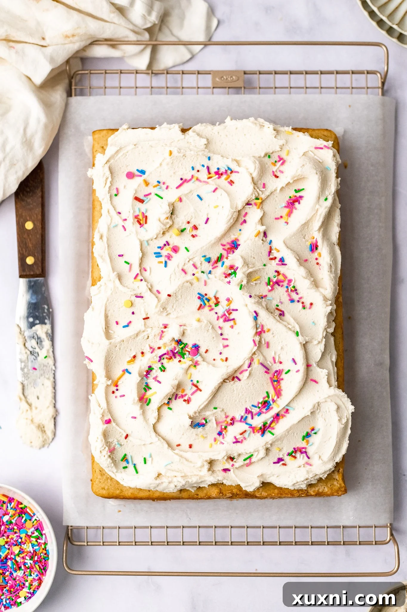 Easy & Delicious Vegan Vanilla Sheet Cake 11 frosted vanilla sheet cake with decorative swirls