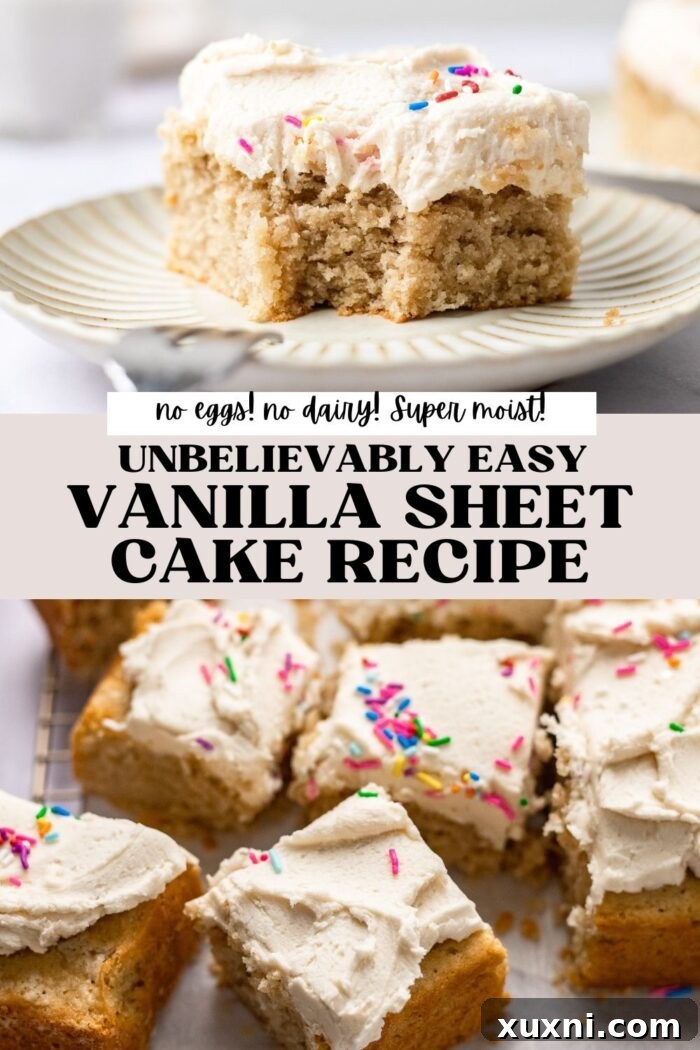 Easy & Delicious Vegan Vanilla Sheet Cake 12 vanilla sheet cake Pinterest pin graphic, inviting users to save the recipe