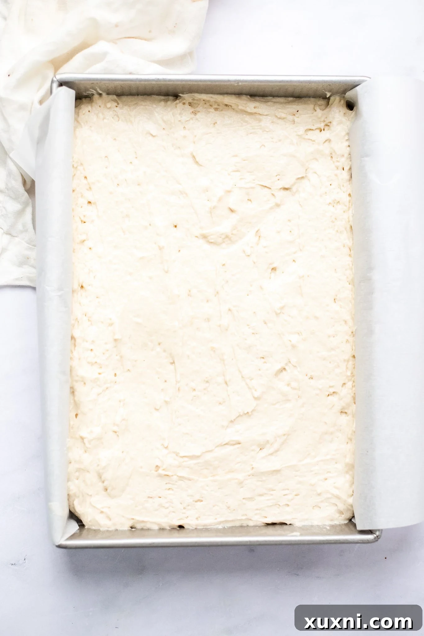 Easy & Delicious Vegan Vanilla Sheet Cake 6 sheet cake before being baked, in the pan