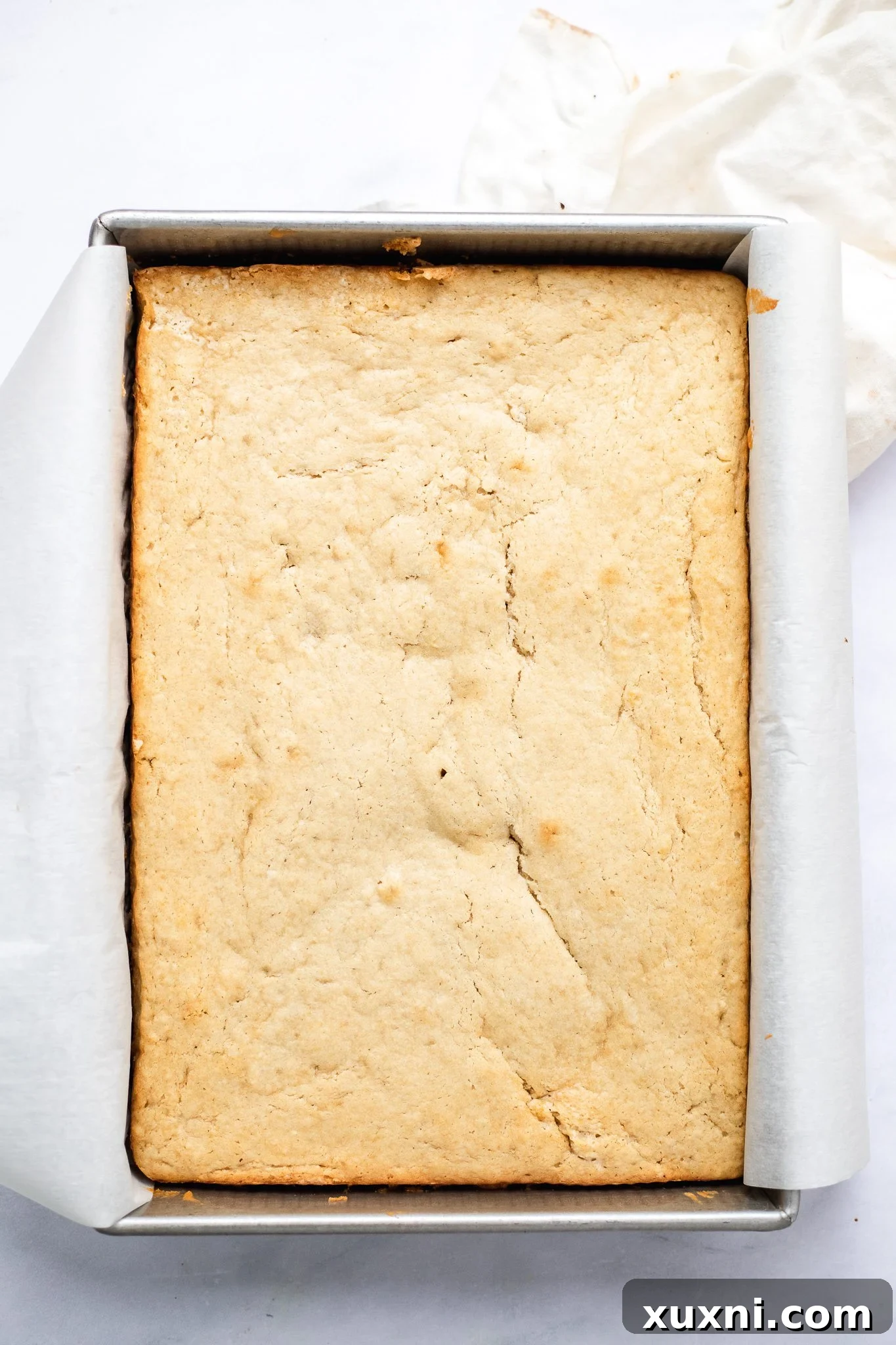 Easy & Delicious Vegan Vanilla Sheet Cake 7 sheet cake after being baked, golden brown and perfectly risen