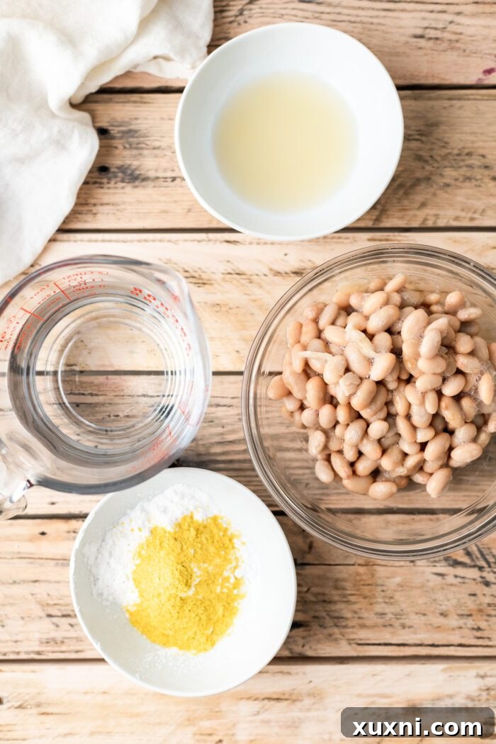 A collection of simple vegan mozzarella ingredients, including white beans, tapioca starch, and vinegar, laid out on a table