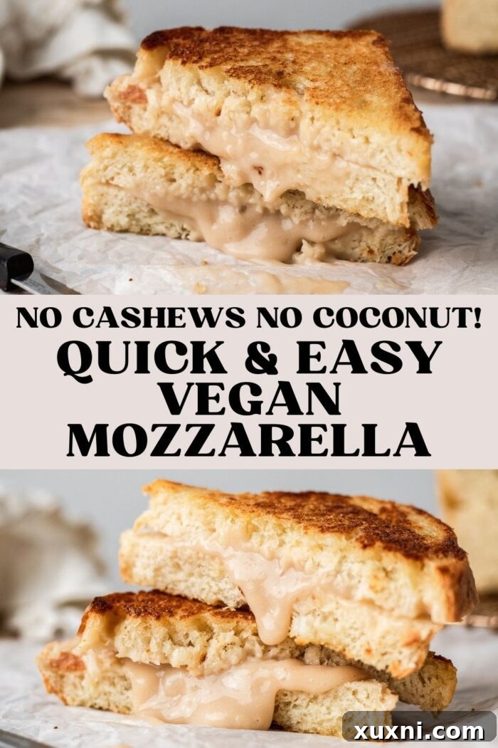 Pinterest pin graphic for quick and easy vegan mozzarella recipe, no cashews no coconut