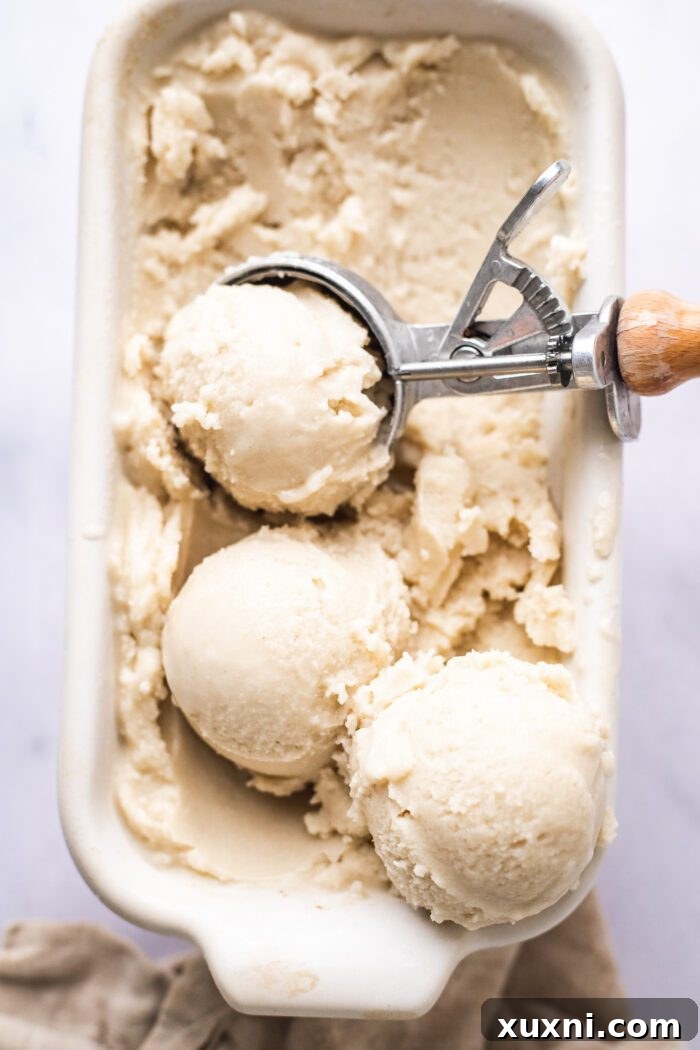 Scoops of vegan vanilla ice cream in a container
