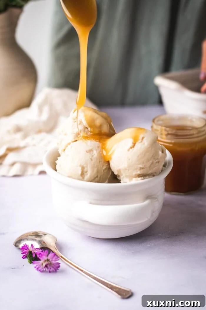 Vegan vanilla ice cream with caramel drizzle
