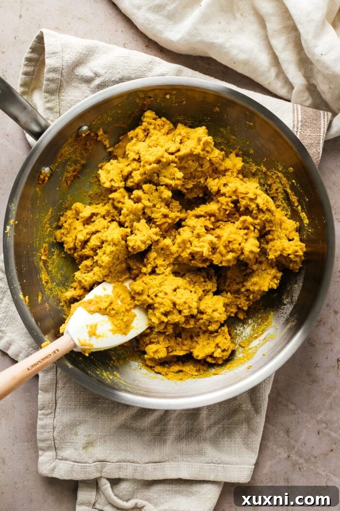 cooked vegan chickpea scramble in a pan