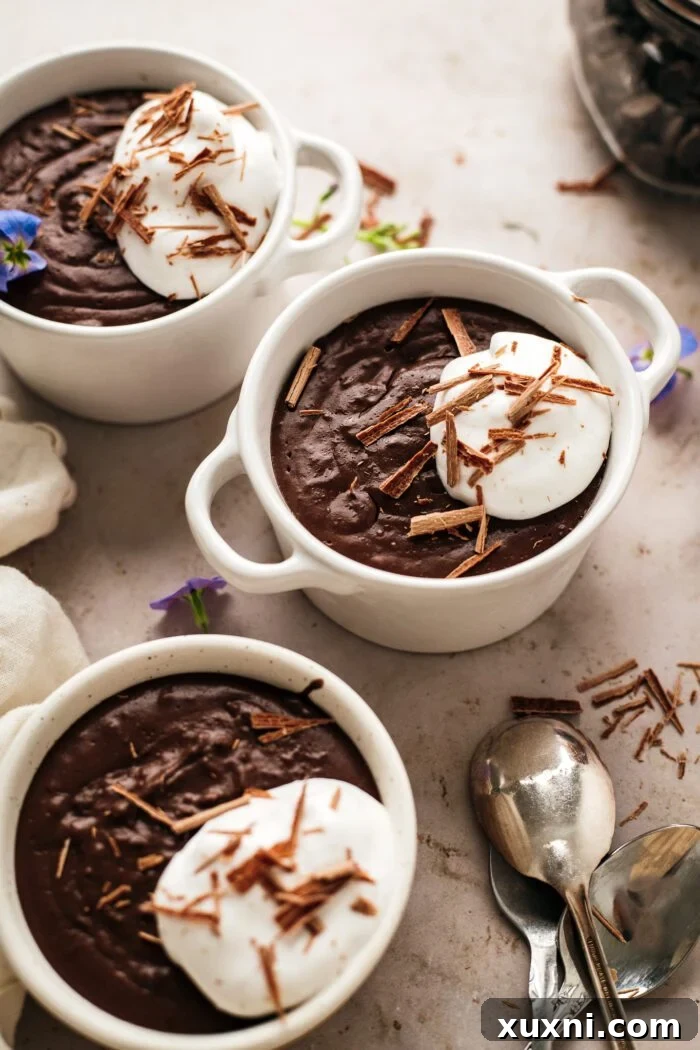 Quick and Easy Vegan Chocolate Pudding Dream 2 Rich, creamy vegan chocolate pudding served in small glass pots with a spoon.