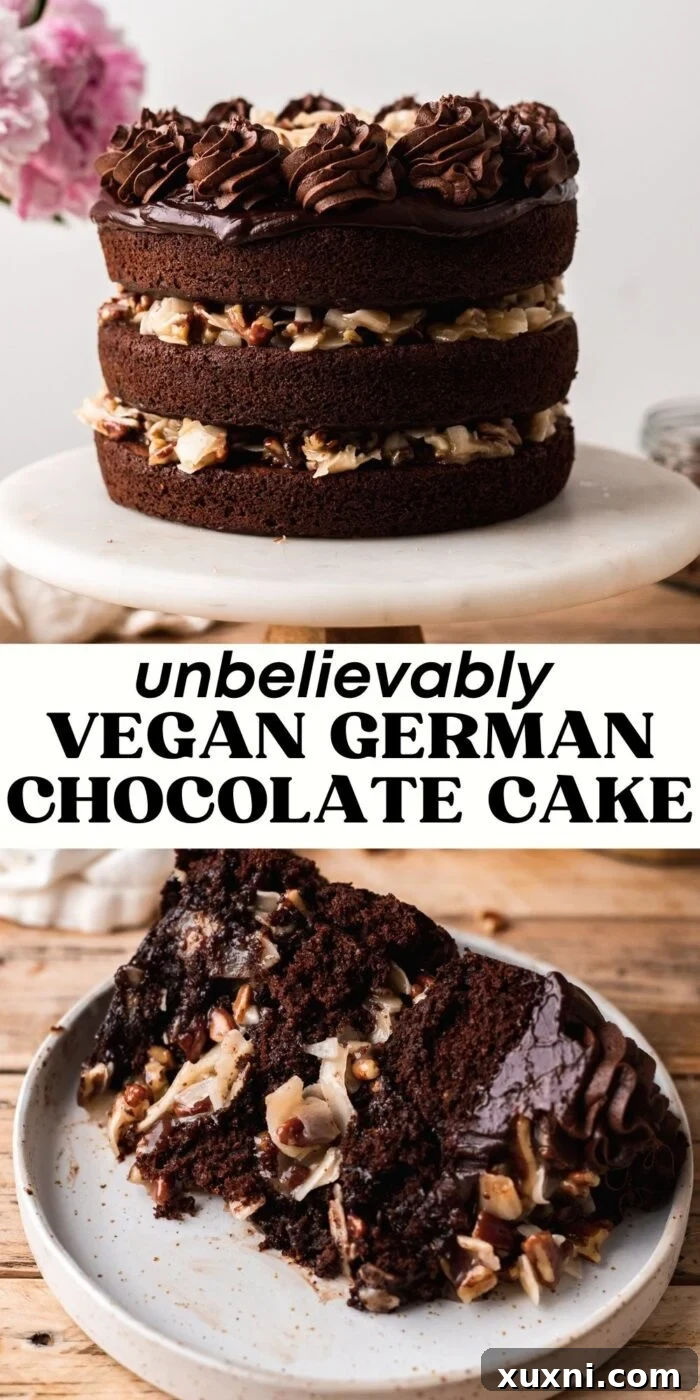 Pinterest graphic for the Easy Vegan German Chocolate Cake recipe, showing a tall, frosted cake.