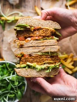 sliced open vegan lentil mushroom burger