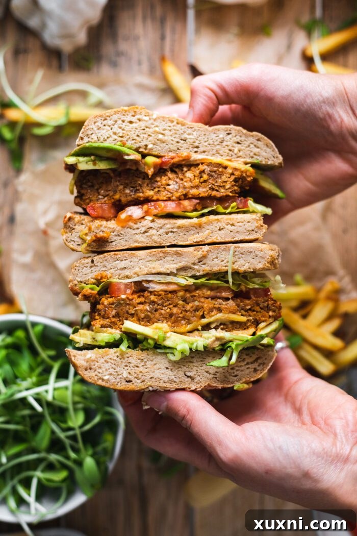 sliced open vegan lentil mushroom burger