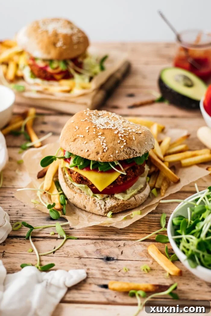 vegan veggie burgers on a table with fries