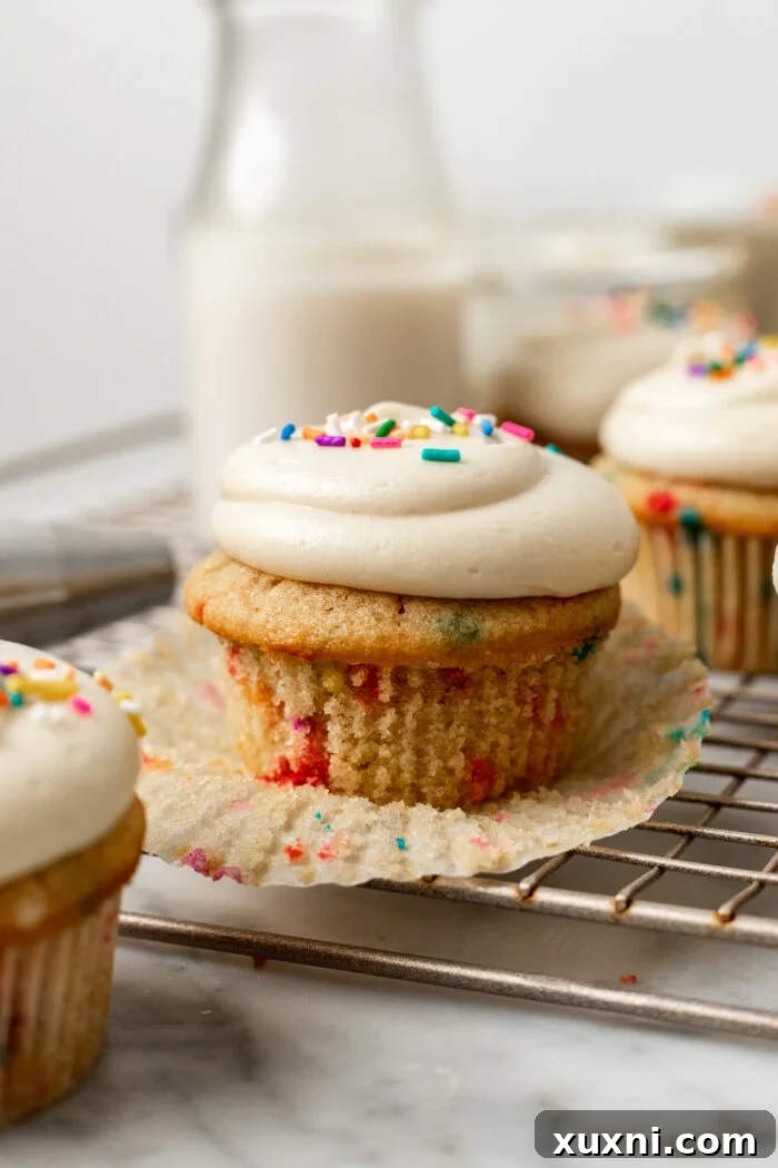 Vegan Funfetti Cupcakes Perfectly Moist for Four Days 2 vegan funfetti cupcake with liner pulled
