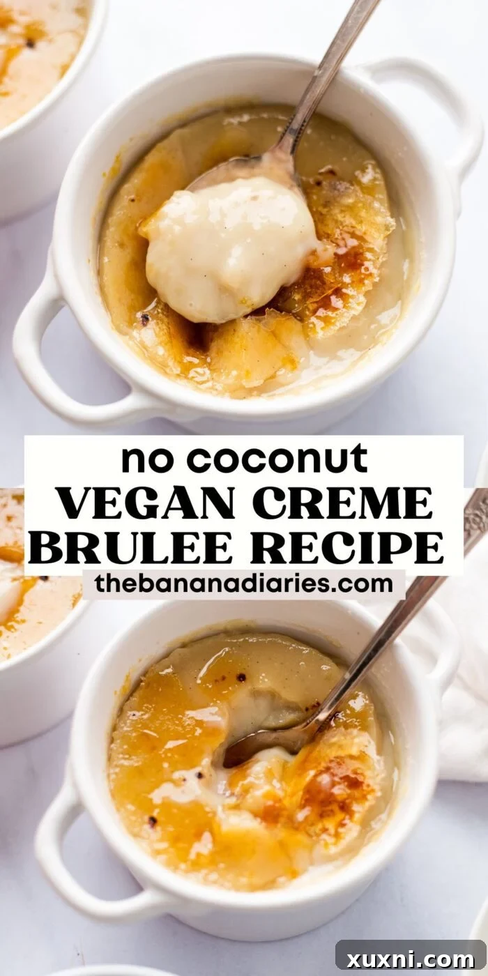 A beautifully composed image of vegan crème brûlée, perfect for a Pinterest pin, highlighting its deliciousness.
