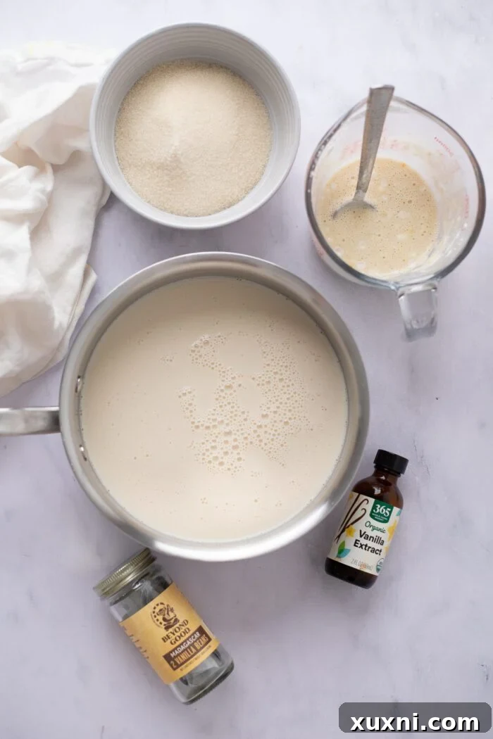 A collection of the four simple ingredients laid out for making vegan crème brûlée, including soy milk, sugar, vanilla, and arrowroot starch.