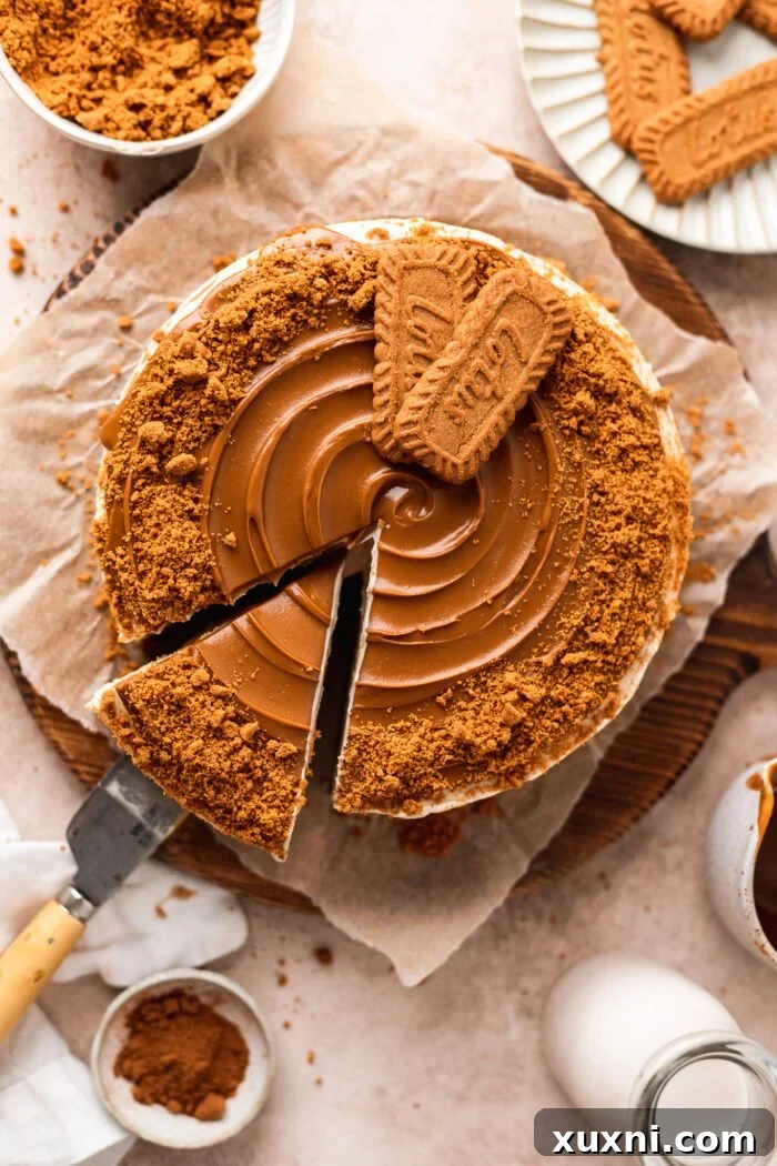 sliced vegan Biscoff cheesecake on a wood board