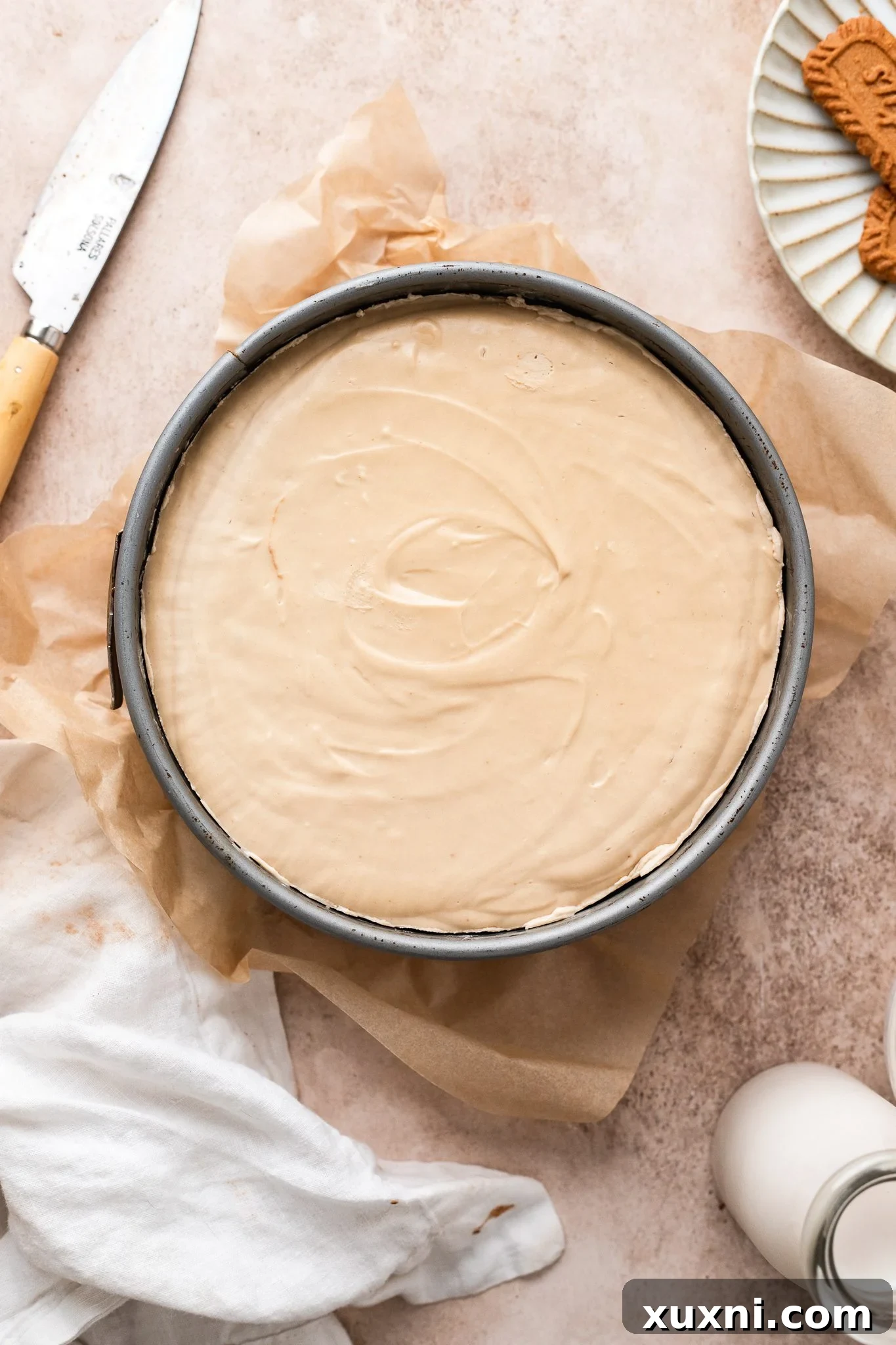 assembled vegan Biscoff cheesecake in a springform pan