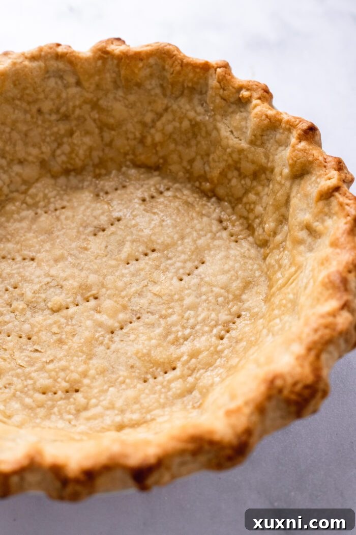 Close-up of a golden, flaky gluten-free pie crust, showcasing its texture.