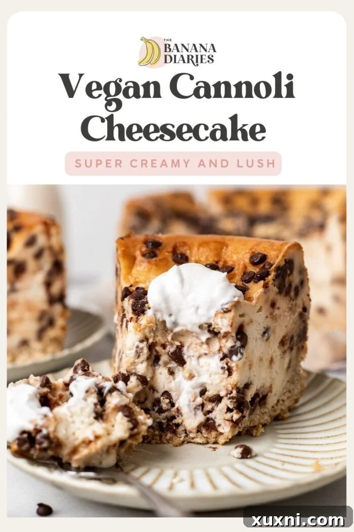 Luxurious Plant-Based Gluten-Free Cannoli Cheesecake 13 A Pinterest-optimized image for 'Ultra Creamy Easy Cannoli Cheesecake (No Eggs, Dairy Free, Gluten Free!)' featuring a beautiful slice of cheesecake.