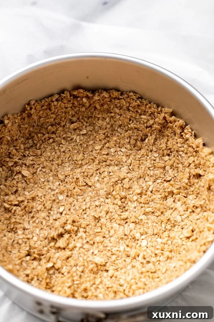 Luxurious Plant-Based Gluten-Free Cannoli Cheesecake 5 Step-by-step image showing oats, sugar, and cinnamon being pulsed in a food processor to form the crust, before adding vegan butter.