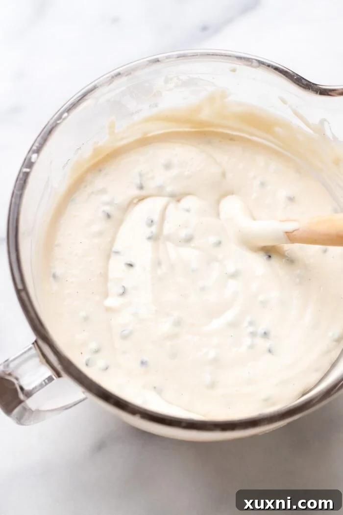 Luxurious Plant-Based Gluten-Free Cannoli Cheesecake 7 Close-up of mini chocolate chips being gently folded into the smooth, pale cannoli cheesecake batter.