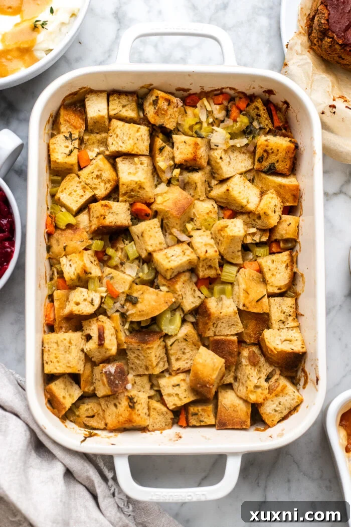 baked stuffing on marble, a golden-brown vegan and gluten-free stuffing, perfectly cooked and ready to serve