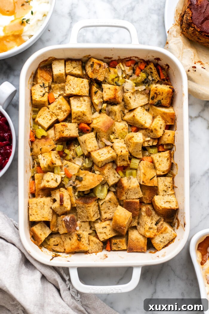 baked stuffing, a close-up of the finished golden-brown vegan stuffing, fresh from the oven