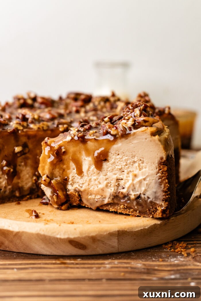 Ultimate Gooey Vegan Pecan Pie Cheesecake 15 A perfect slice of vegan pecan pie cheesecake on a white plate, ready for serving.