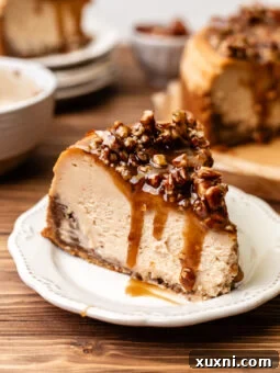 A beautiful slice of vegan pecan pie cheesecake on a plate, ready to be served.