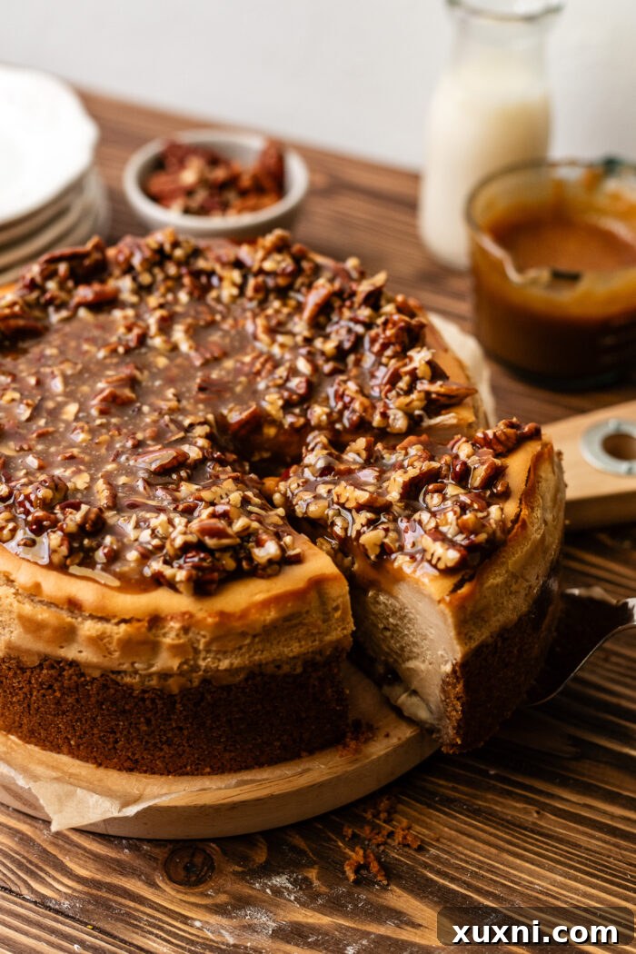 Ultimate Gooey Vegan Pecan Pie Cheesecake 3 A stunning cross-section of the vegan pecan pie cheesecake, showing the distinct layers of crust, pecan filling, and creamy cheesecake.