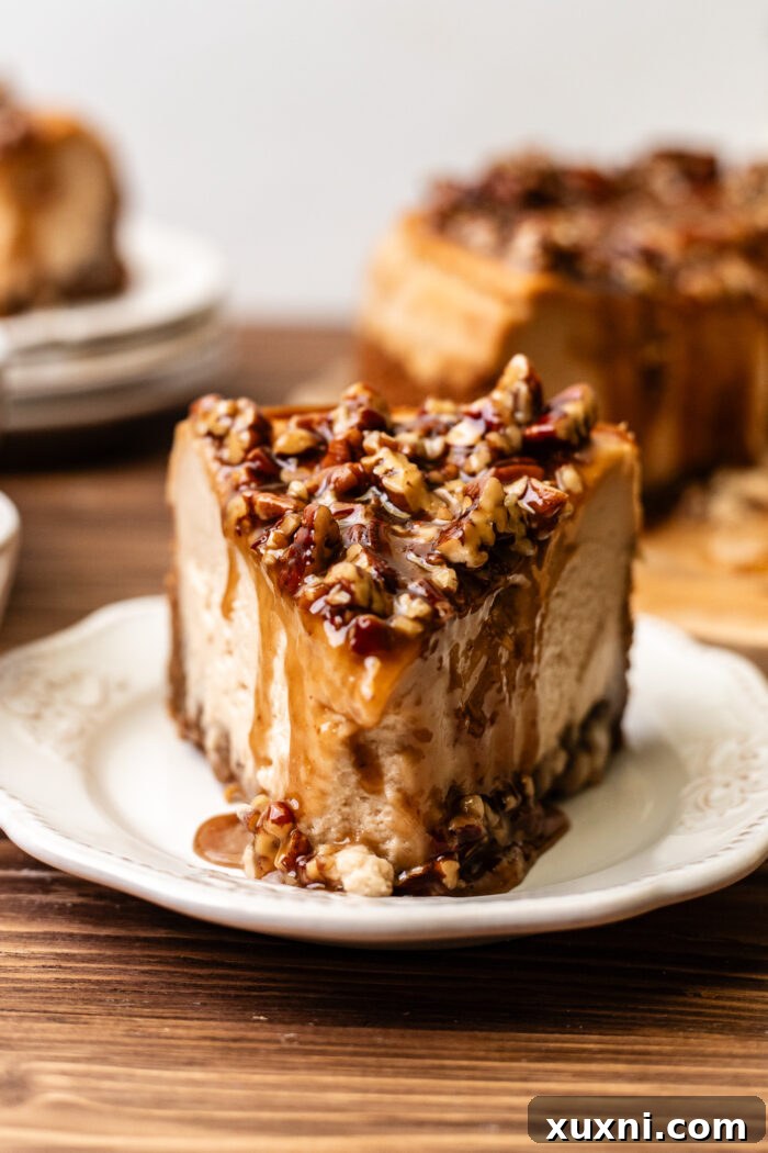 Ultimate Gooey Vegan Pecan Pie Cheesecake 4 A close-up shot of a beautifully sliced vegan caramel pecan pie cheesecake, highlighting the luxurious topping and smooth layers.