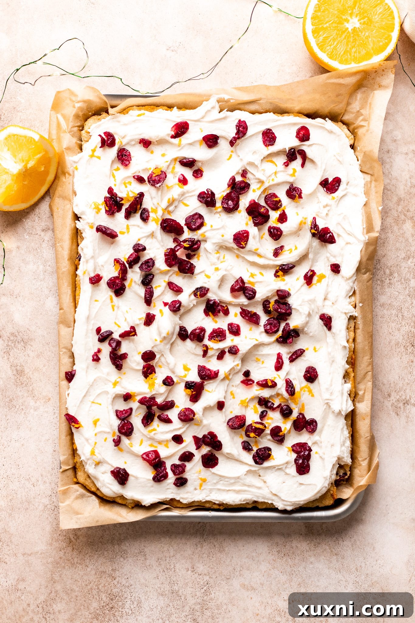 frosted and decorated vegan cranberry bliss bars
