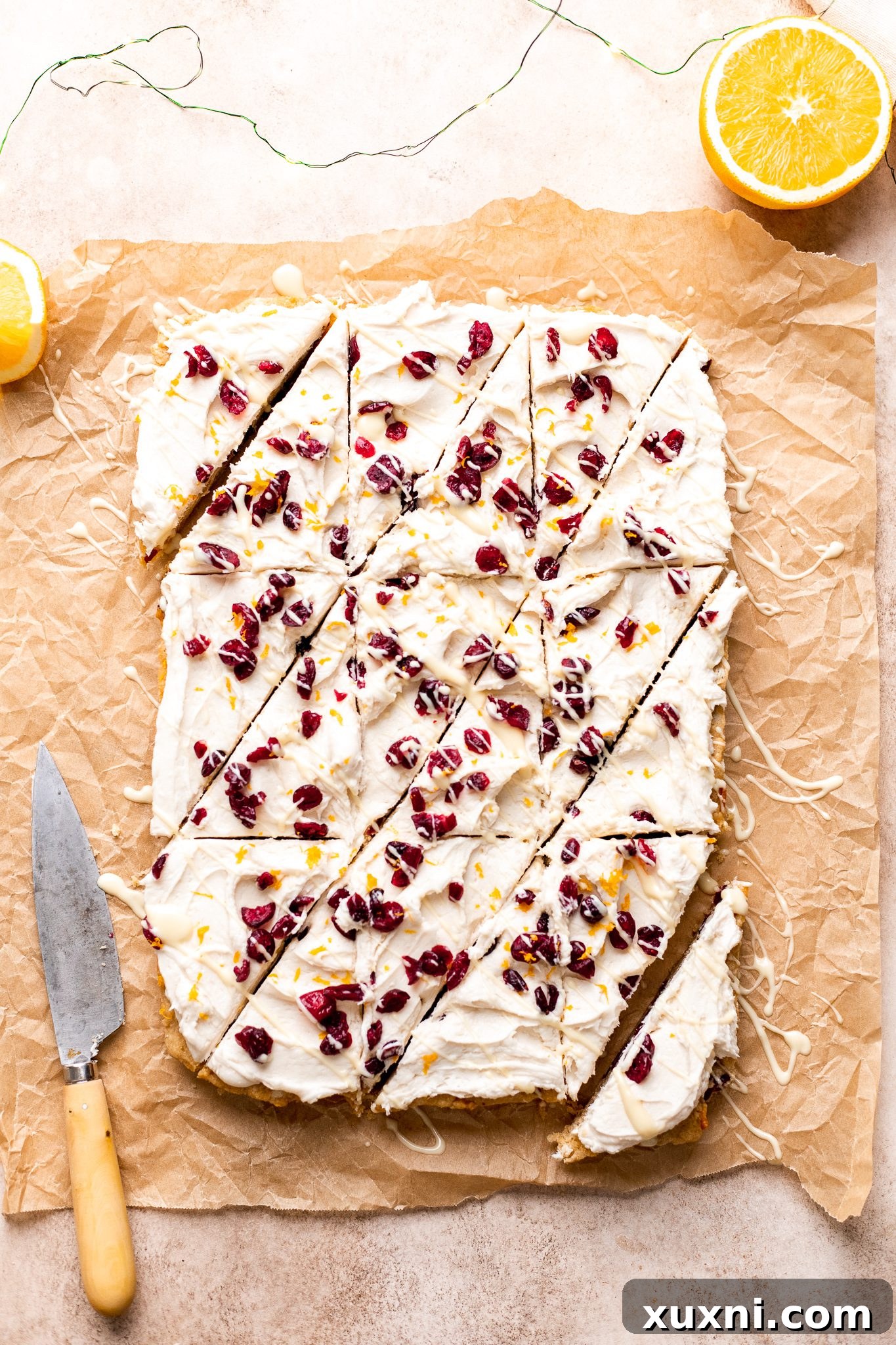 more sliced vegan cranberry bliss bars, ready to eat