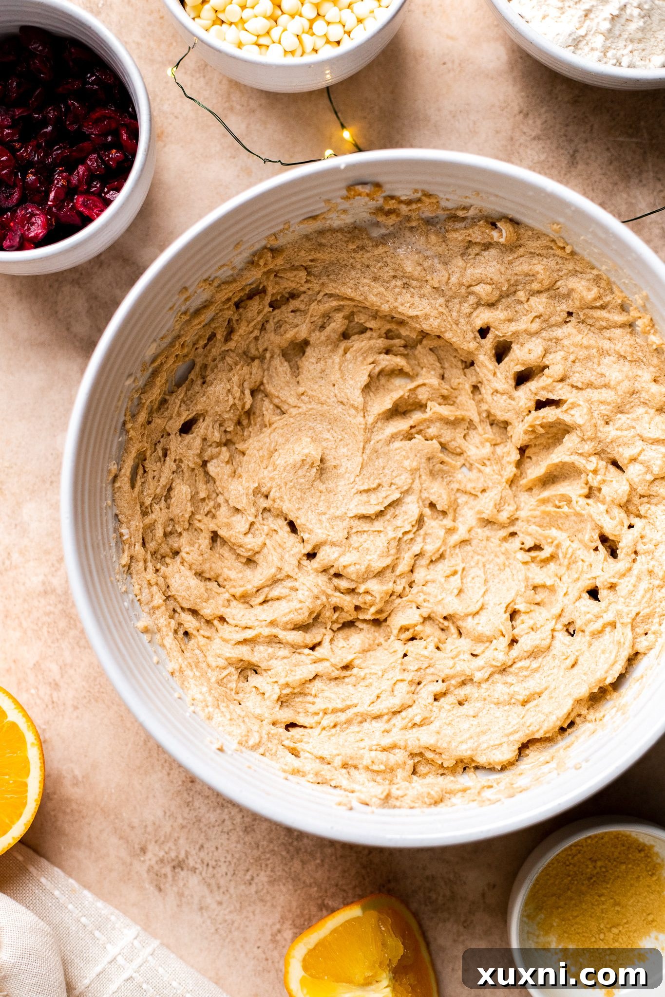 mixed wet ingredients for cranberry bliss bars