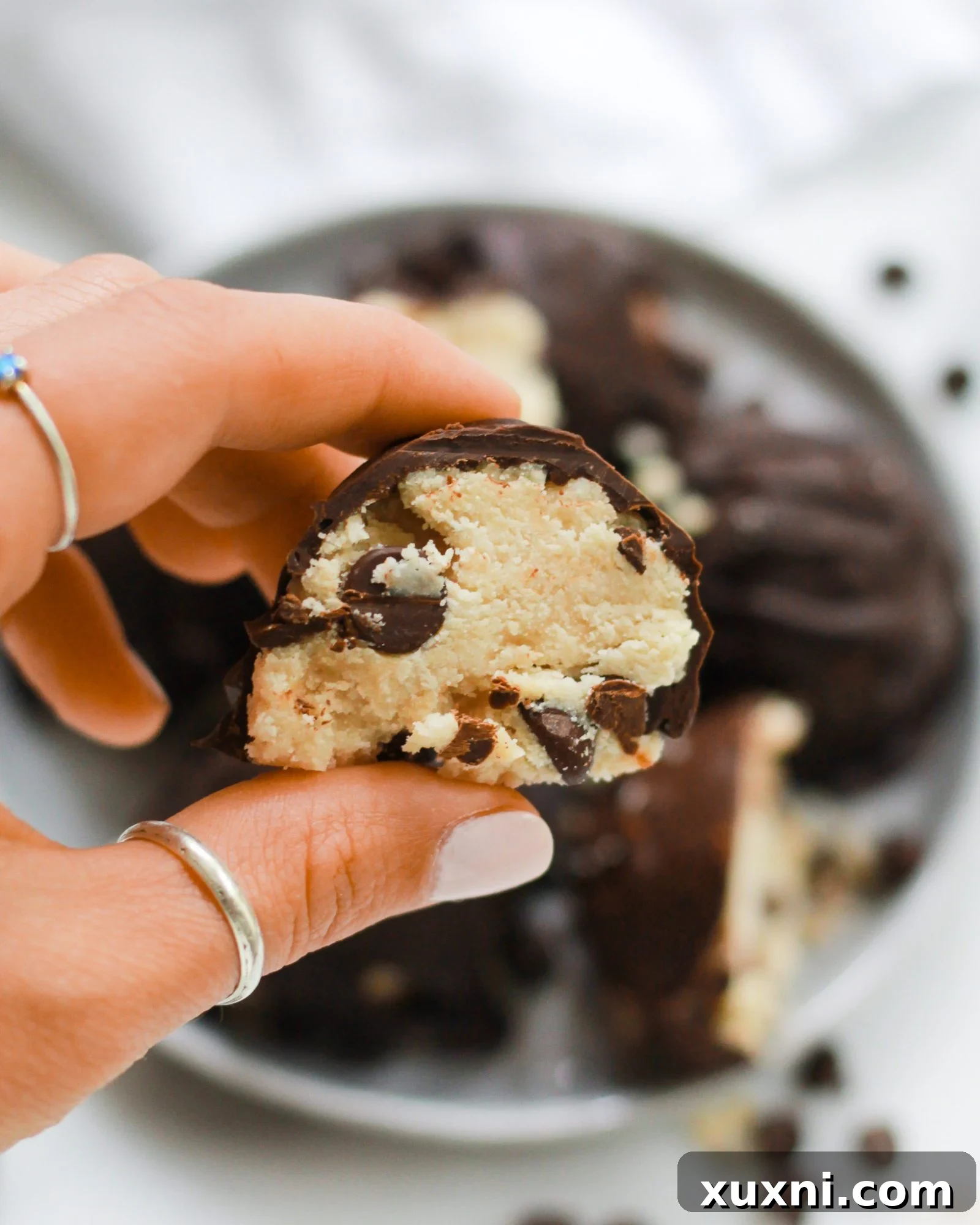 hand holding chocolate chip cookie dough truffle