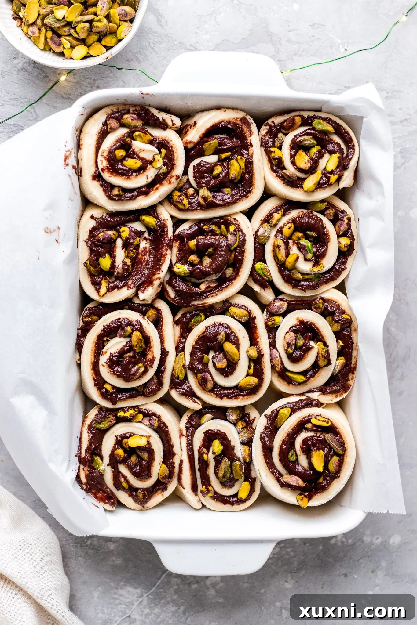 Rolled chocolate sweet rolls placed in a baking dish