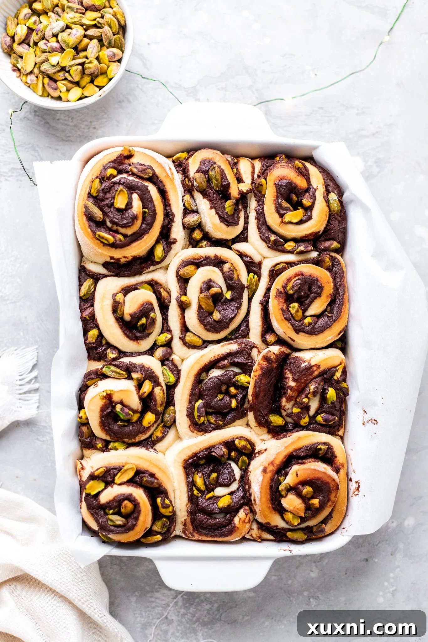 Baked chocolate sweet rolls in a close-up
