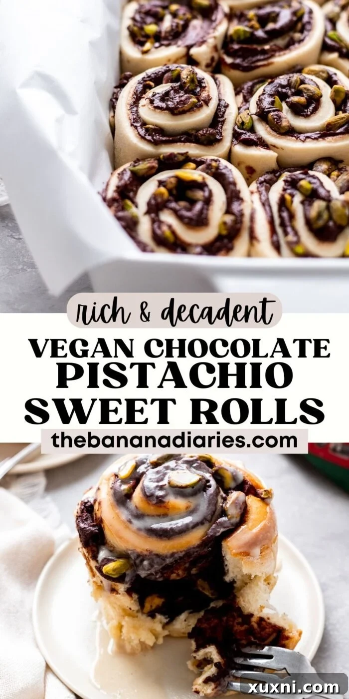 Vegan Chocolate Pistachio Sweet Rolls pinterest pin graphic, featuring a tempting image of the rolls