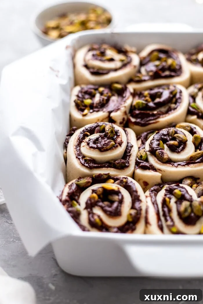 Unbaked vegan chocolate sweet rolls arranged in a baking dish, showcasing the swirls of chocolate filling and pistachios
