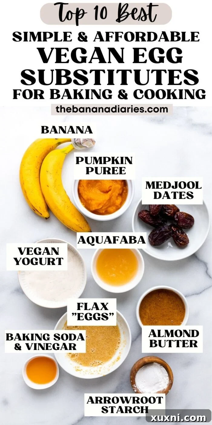 A Pinterest pin featuring a collage of vegan egg substitutes with the title '10 BEST Vegan Egg Substitutes for Baking & Cooking (Pantry Staple Ingredients!)'