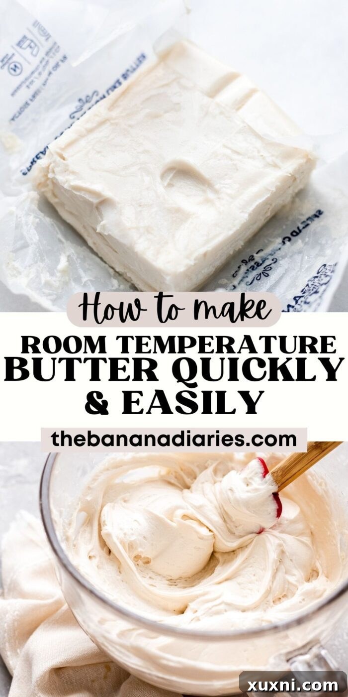 Pinterest pin showing various stages of butter softening, titled 'How to make room temperature butter quickly'.
