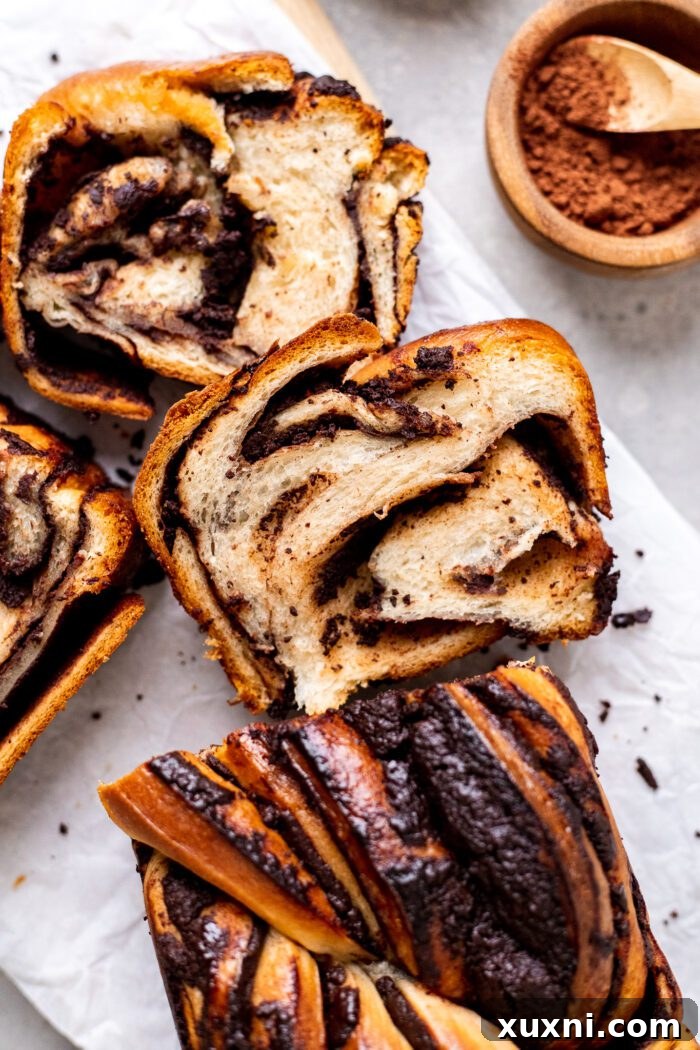 Close-up of freshly baked vegan babka slices revealing the chocolate marbling