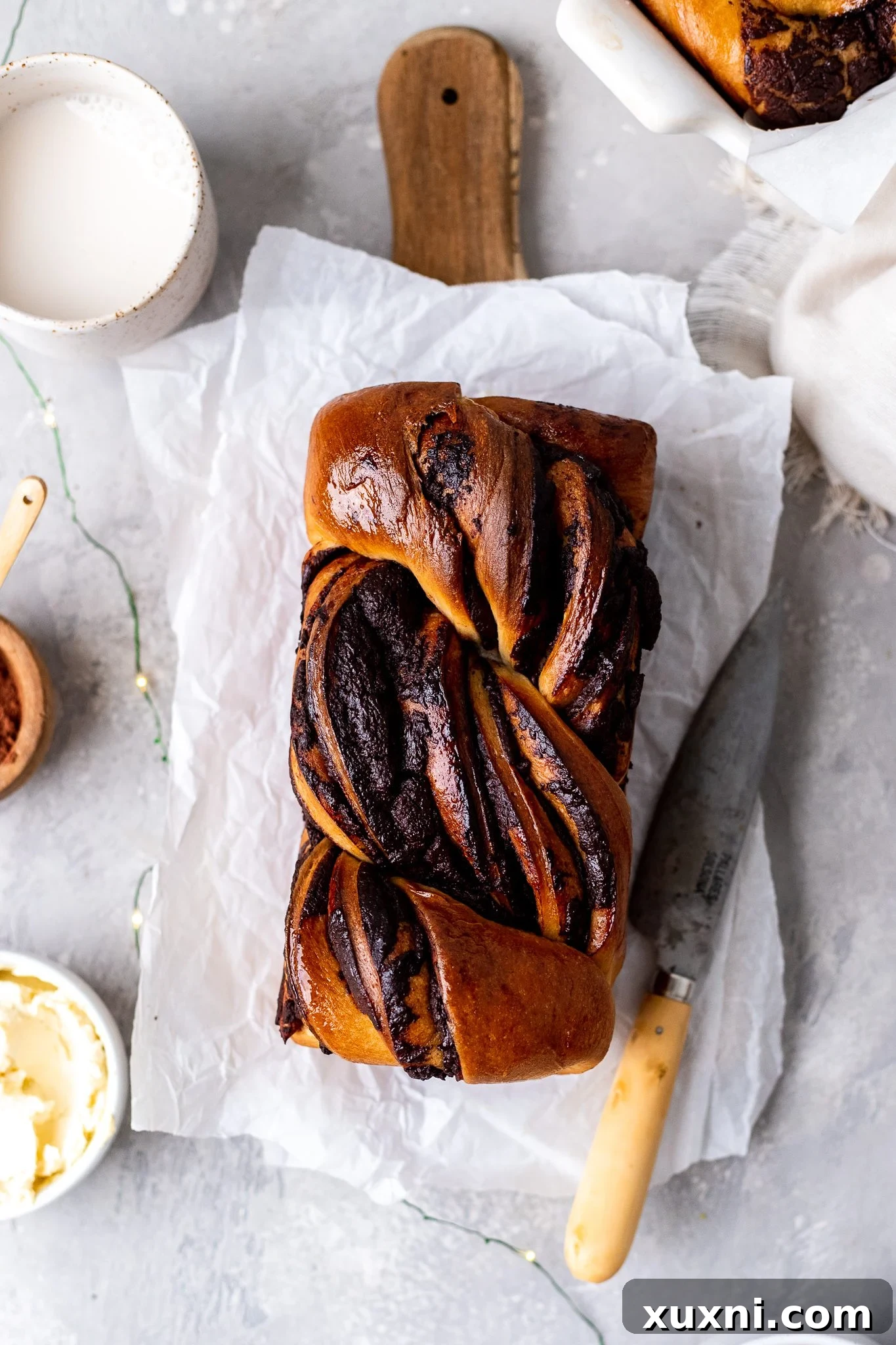 Baked vegan chocolate babka loaf showing the distinctive twisted swirl
