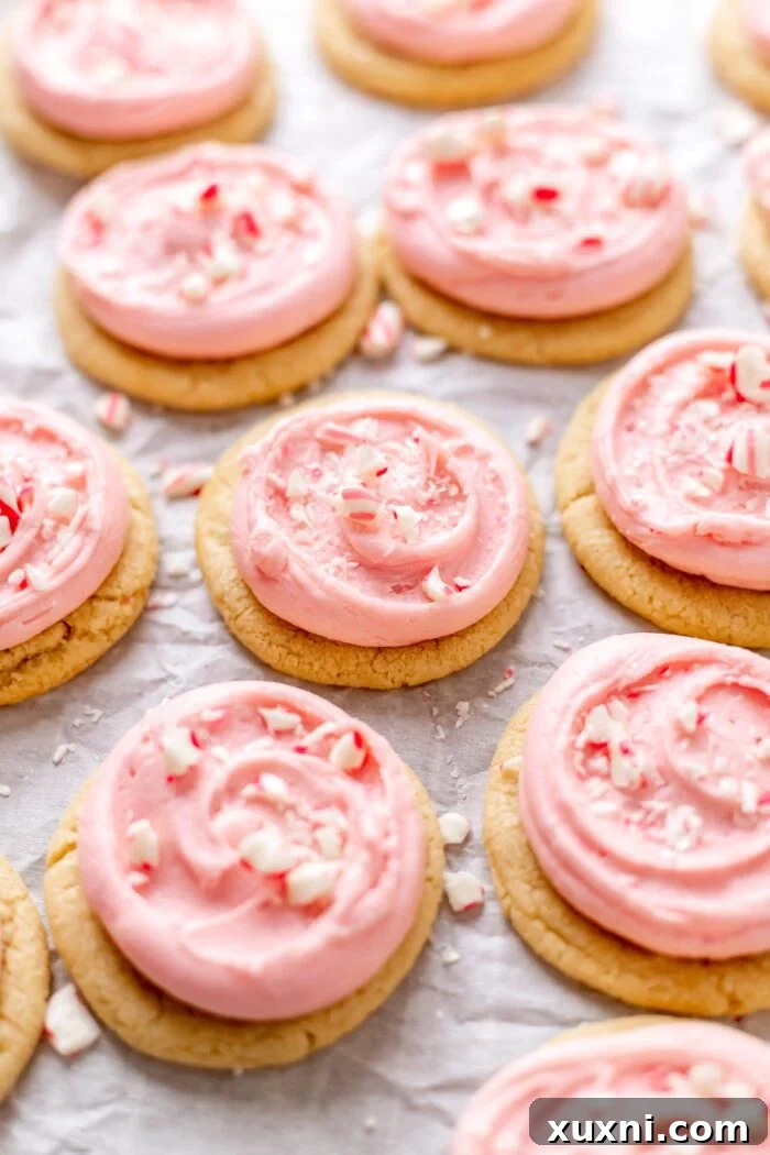 Delicious vegan peppermint meltaway cookies topped with creamy peppermint frosting and crushed candy canes, perfect for Christmas.