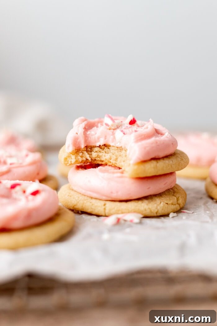Stack of four festive vegan peppermint sugar cookies with creamy frosting and crushed peppermint, perfect for holiday gifts.