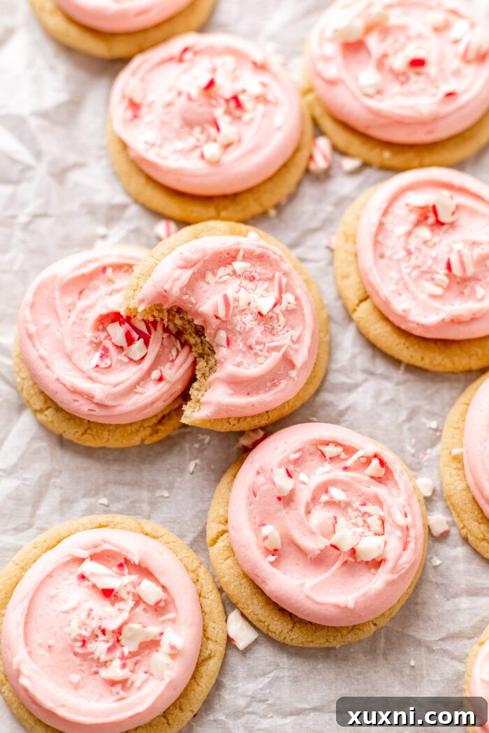 Close-up of a bitten vegan peppermint meltaway cookie, showing its soft interior and creamy peppermint frosting.