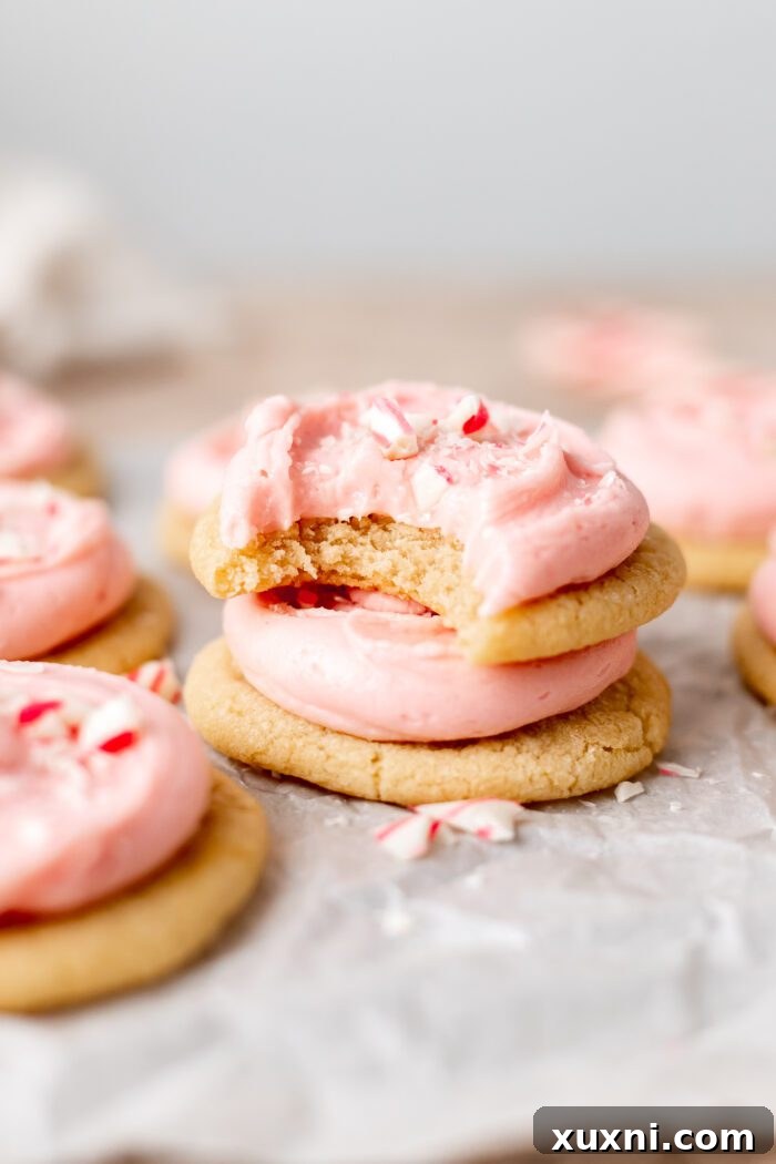 Stack of freshly baked peppermint meltaway cookies, showcasing their soft texture and potential for holiday sharing.