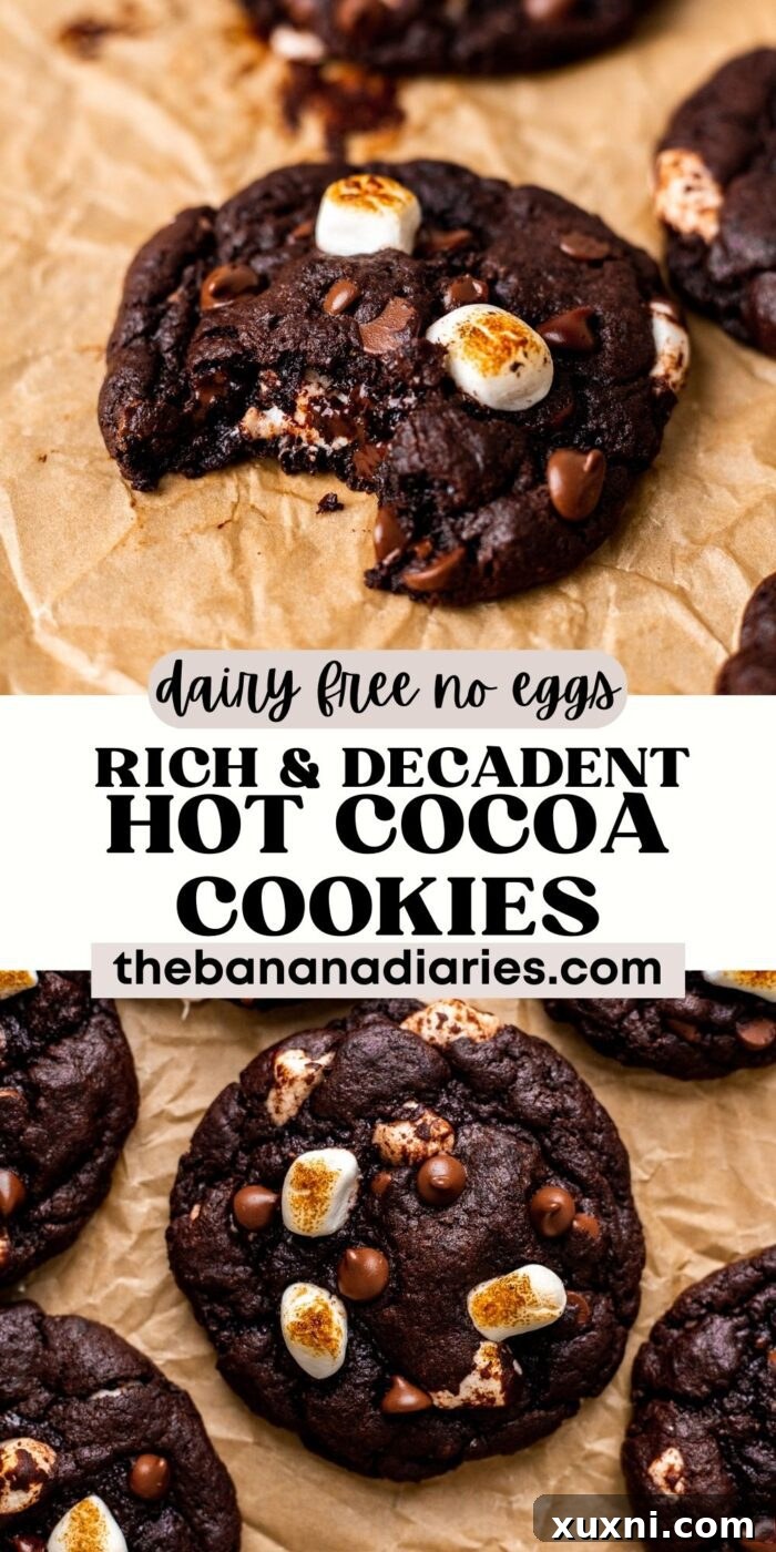 Pinterest pin for Ultra Rich Vegan Hot Cocoa Cookies, encouraging users to save the recipe.